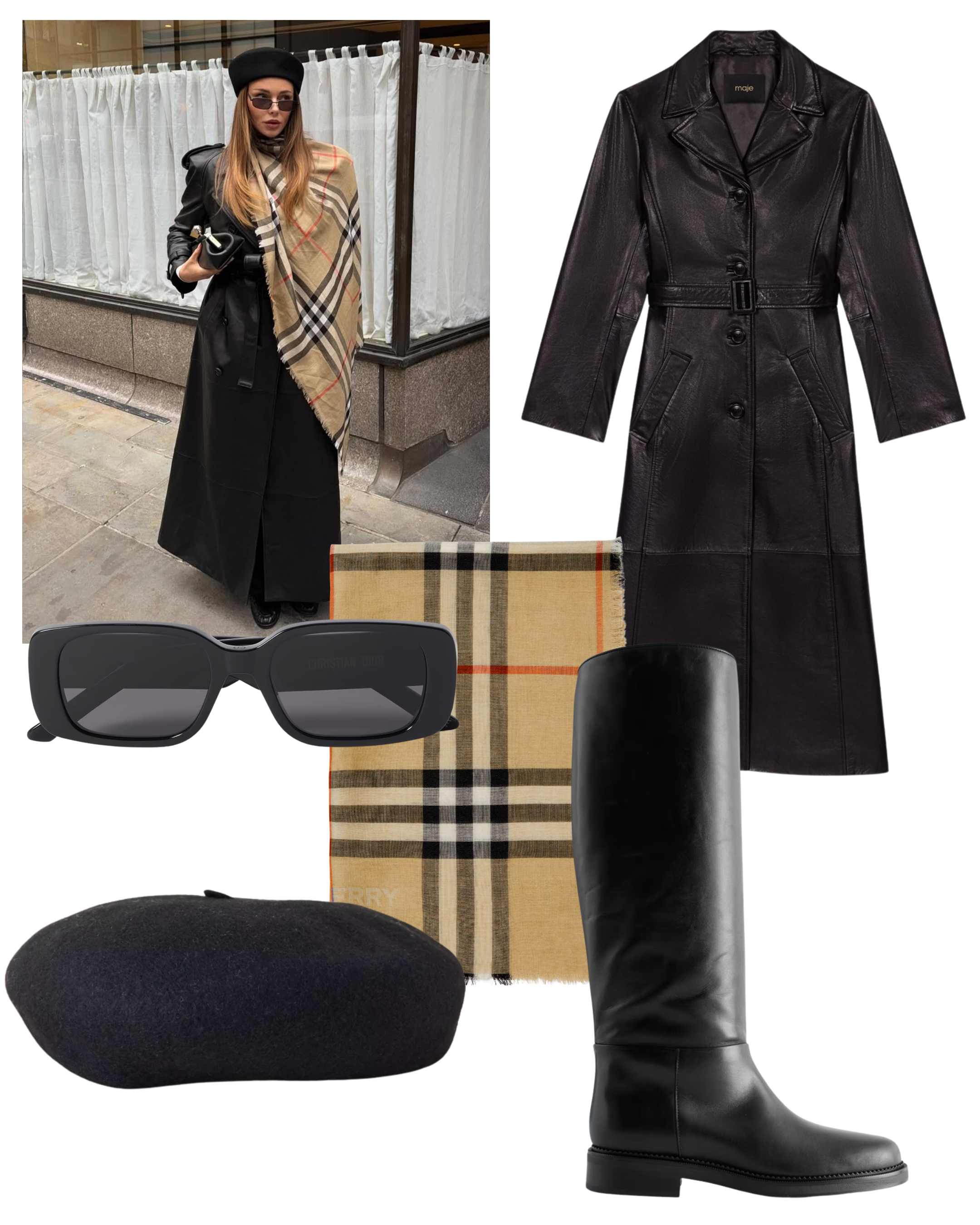 @vivianhoorn wears black leather trench coat and burberry scarf