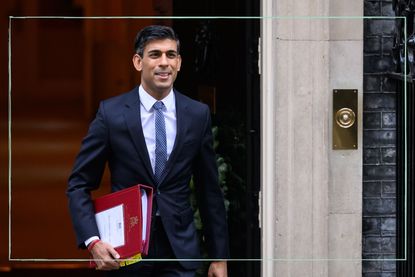close up of Prime Minister Rishi Sunak leaving Downing Street ahead of a COBRA meeting