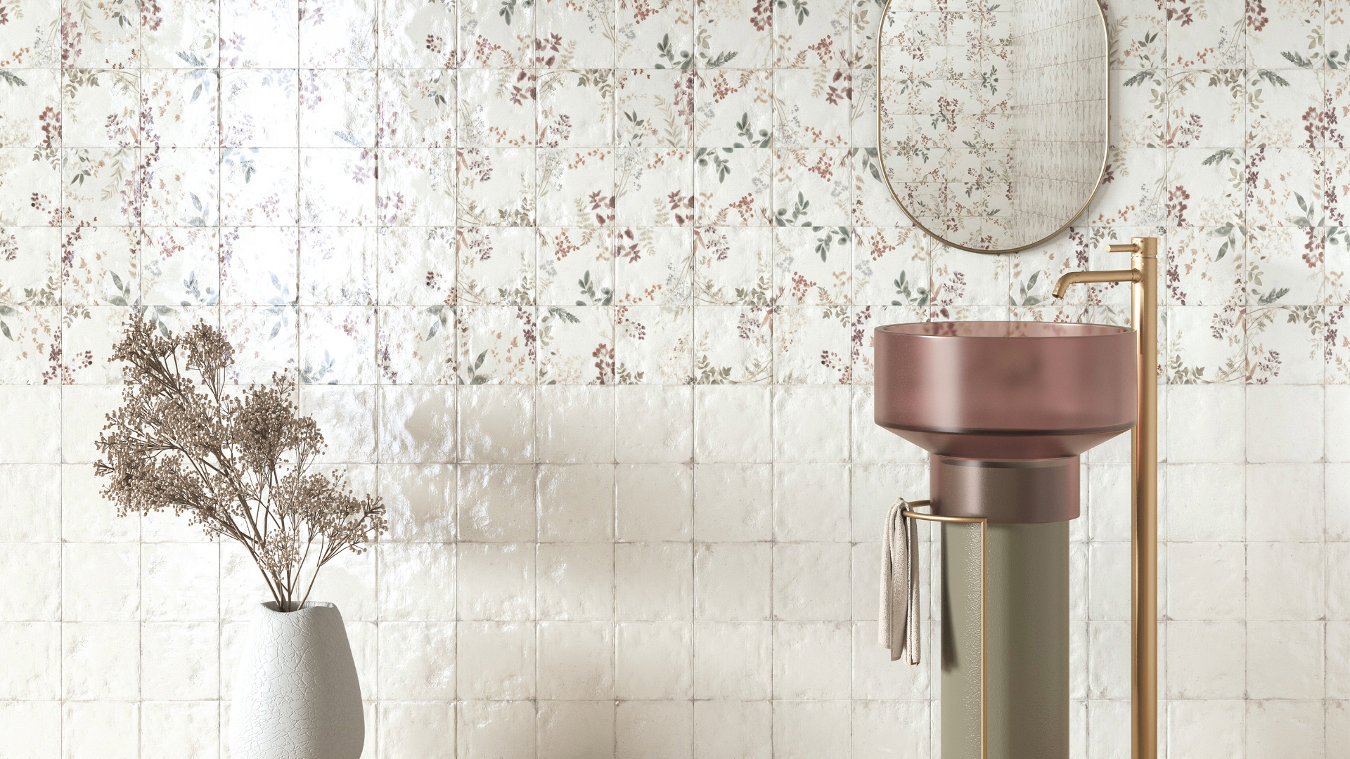 Floral tiles in bathroom