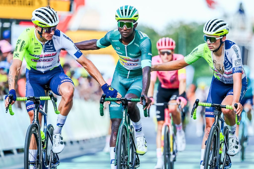 Eritrean Biniam Girmay Hailu of Intermarche-Wanty crosses the finish line of stage 16 of the 2024 Tour de France 