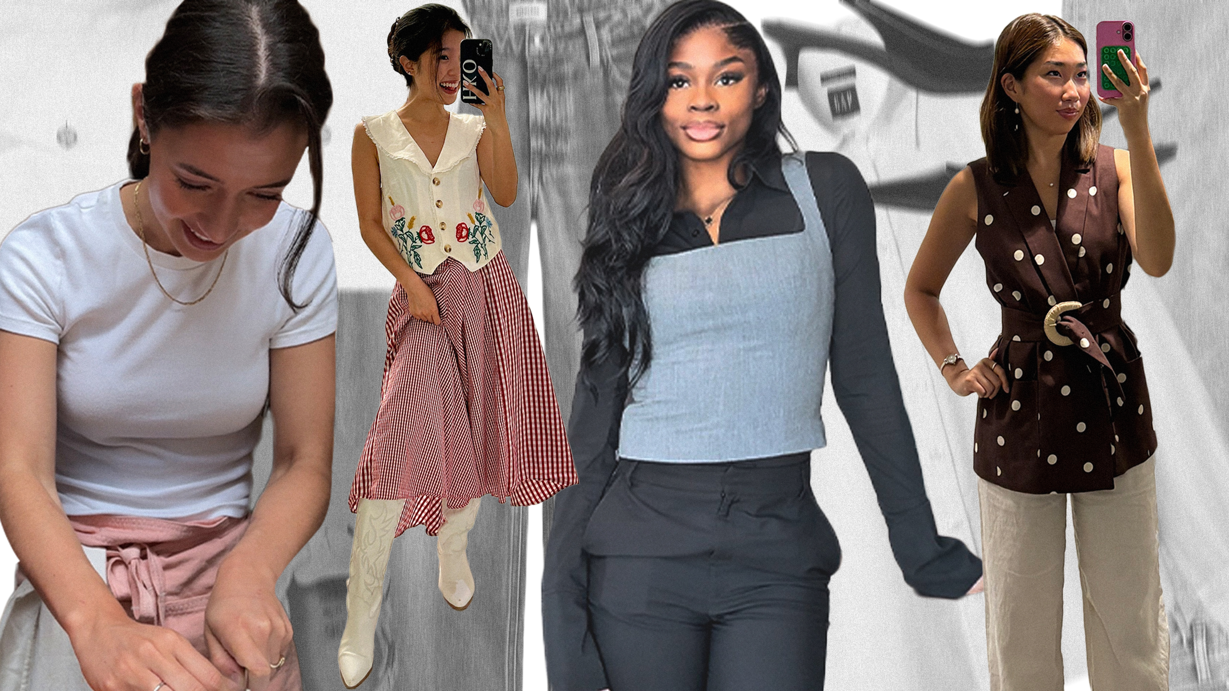 Photo collage of Gen Z corporate work outfits.