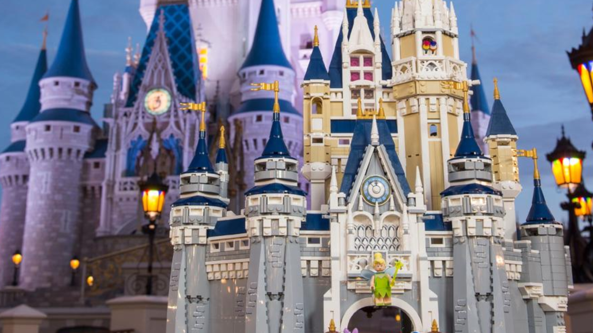 The Lego Disney Castle against the actual Florida Disney World Castle