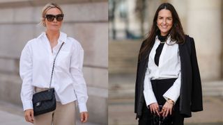 composite of street style shot of women wearing white shirts