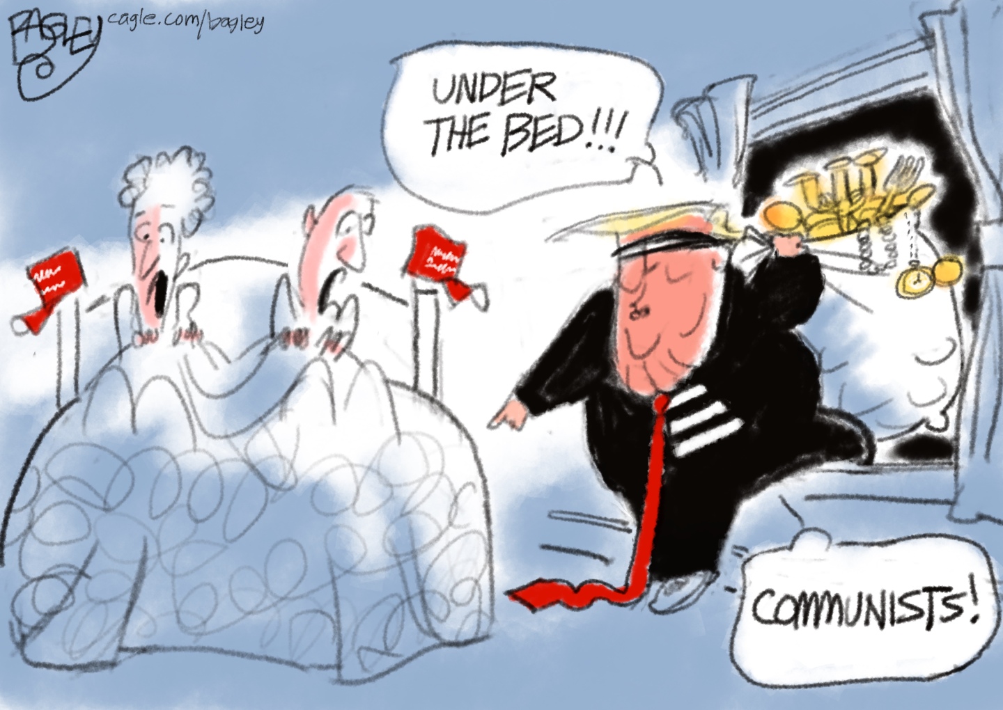 Donald Trump is a masked thief carrying a bag of treasure through a bedroom where two people with MAGA hats are in bed. Trump yells, &amp;ldquo;Under the bed!!! Communists!&amp;rdquo;