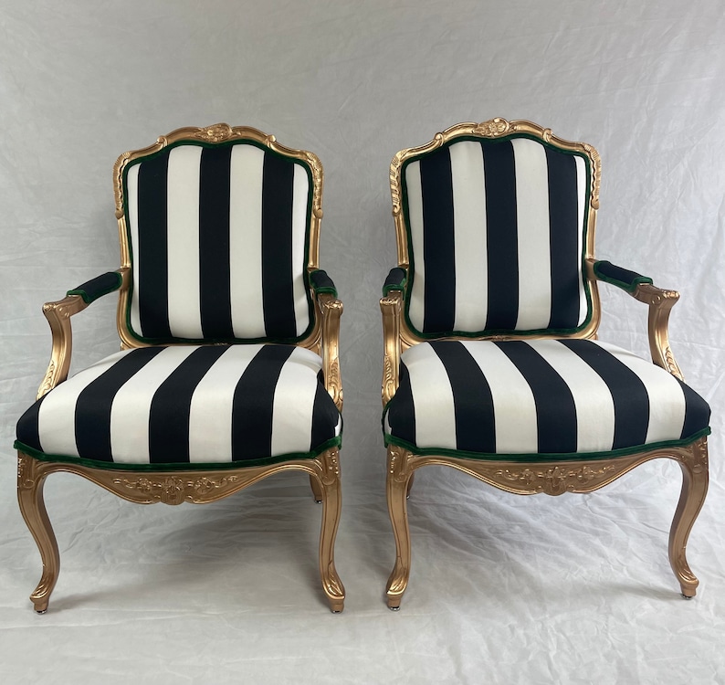 Free Shipping-Can Replicate- Sold-Pair of French Arm Chairs With Gold Wood and Black Snd White Striped Fabric.