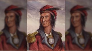 A painting of Shawnee chief Tecumseh, in water colors on platinum print, based on Lossing's 1868 engraving. Here we see a man with light brown eyes and black, chin-length hair. He is wearing a red hat with a feather in it. He also is wearing a red jacket with a black collar and gold shoulder decoration. Around his neck is a large silver medallion.