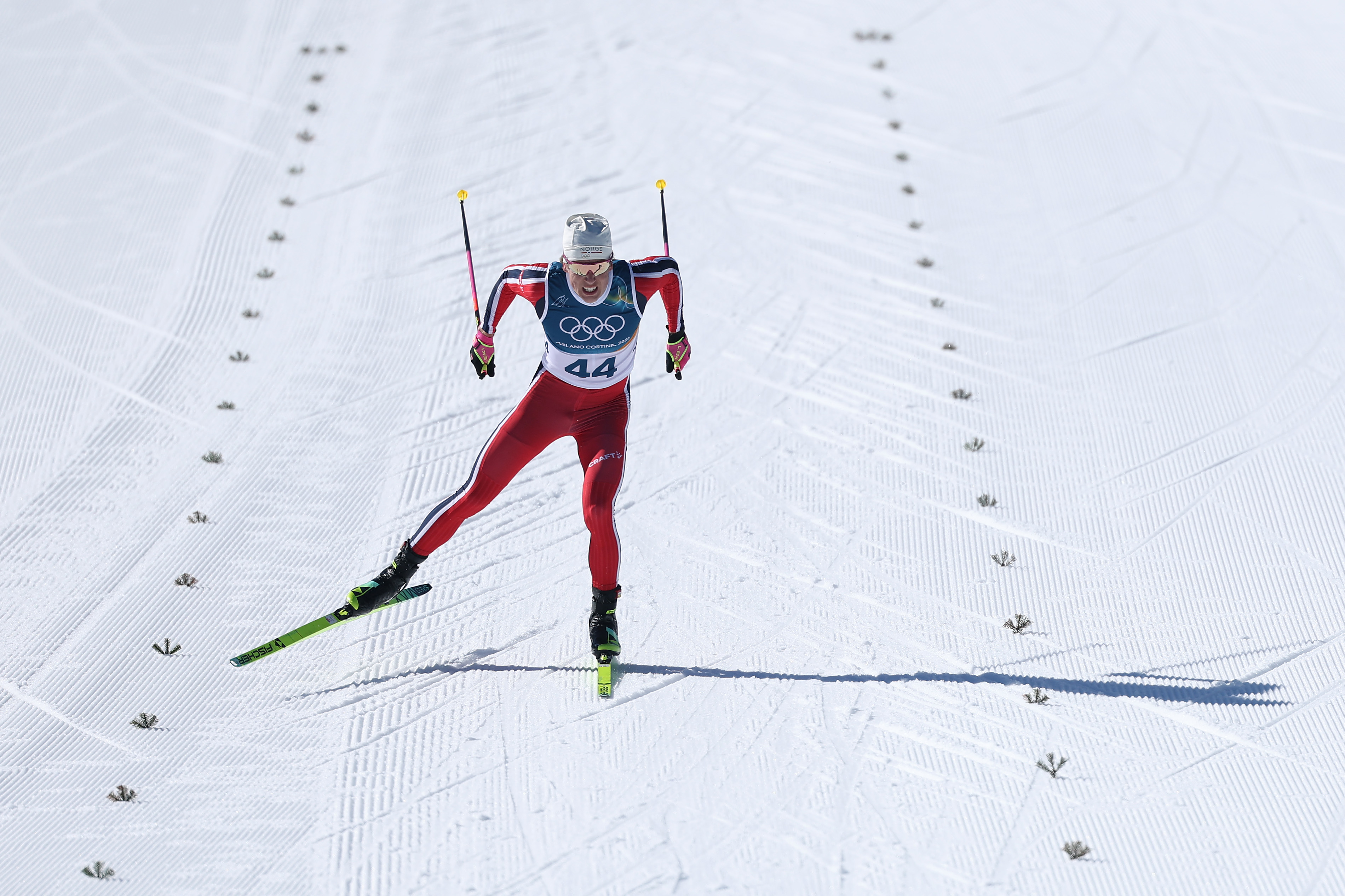 A ski racer on course on a sunny day