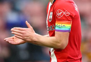 Close up of the Rainbow Laces captain’s armband worn by Southampton’s James Ward-Prowse during the Premier League match at St Mary’s Stadium, Southampton