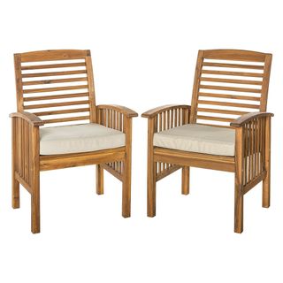 Walker Edison Rendezvous Modern 2 Piece Solid Acacia Wood Slat Back Outdoor Dining Chairs 