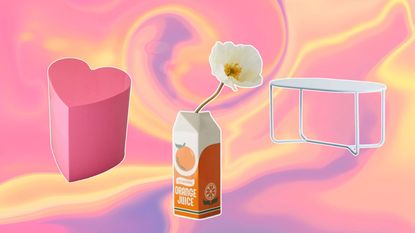 Urban Outfitters home buys including a heart nightstand, a milk carton vase, and a blue coffee table on a neon pink and purple background