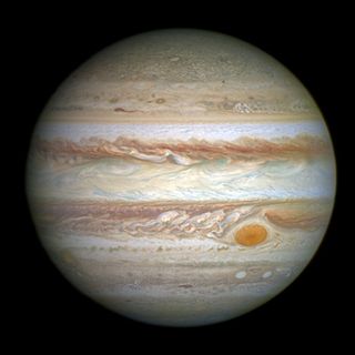 Jupiter, with its Great Red Spot churning south of the gas giant's equator.