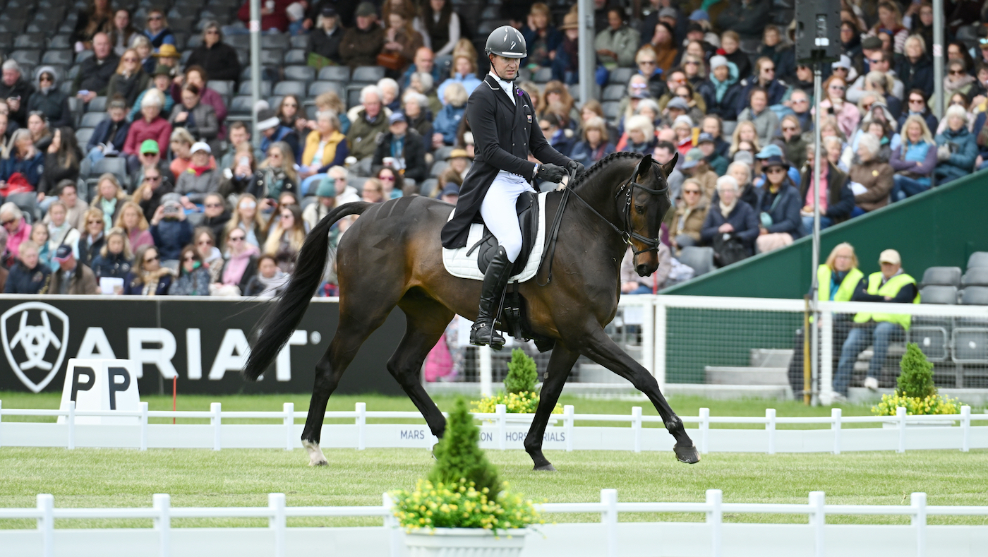 Jesse Campbell and Cooley Lafitte in the dressage at Badminton Horse Trials: he is a withdrawal