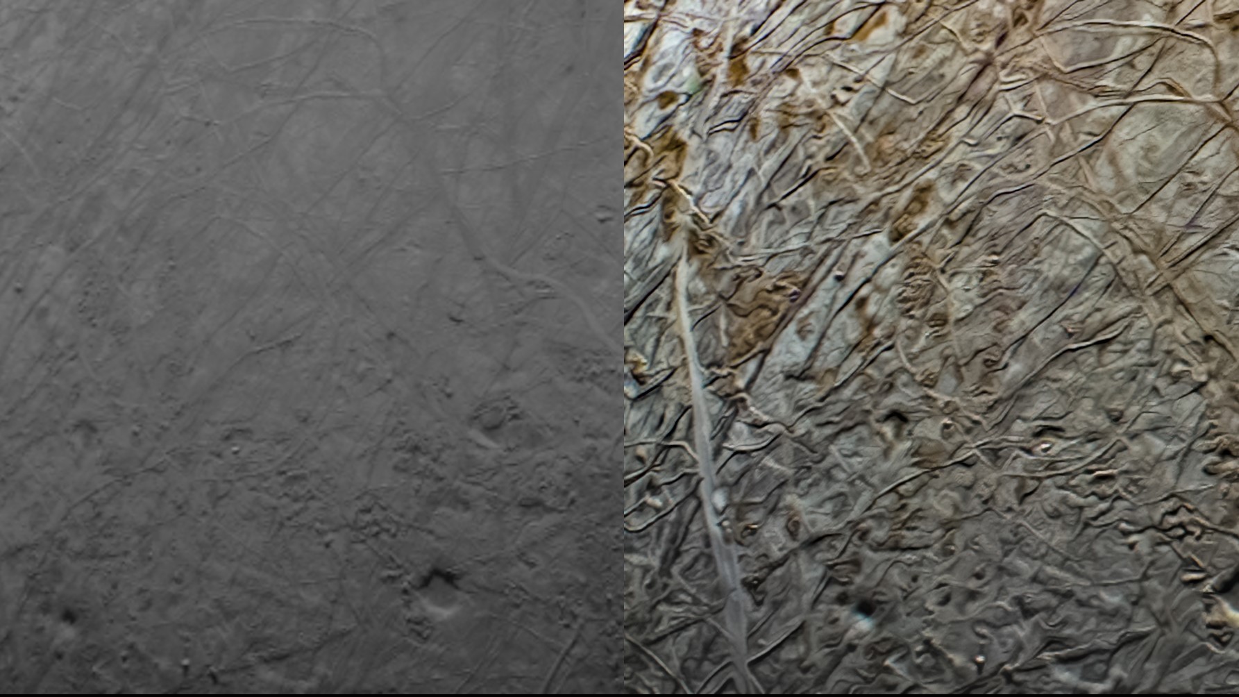 links een grijzig beeld met scheuren en zichtbare textuur;  aan de rechterkant een wit en bruin gelijnd oppervlak