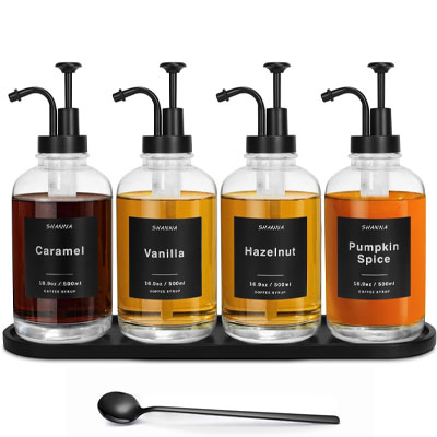 set of four coffee syrup dispensers with labels