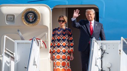 WEST PALM BEACH, FLORIDA - JANUARY 20: Outgoing U.S. President Donald Trump and First Lady Melania Trump exit Air Force One at the Palm Beach International Airport on the way to Mar-a-Lago Club on January 20, 2020 in West Palm Beach, Florida. Trump left Washington, DC on the last day of his administration before Joe Biden was sworn-in as the 46th president of the United States. (Photo by Noam Galai/Getty Images)