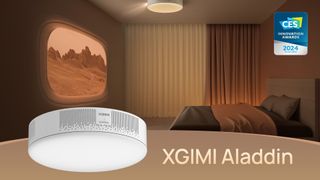 The Xgimi Aladdin projector light, shown as a product and also attached to a ceiling, projecting an image