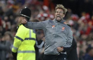 Jurgen Klopp celebrates a Liverpool goal against Roma at Anfield in the Champions League semi-finals in April 2018.