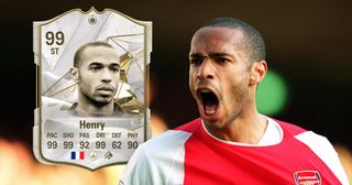 EA Sports FC 24 icons and heroes: Thierry Henry celebrates scoring Arsenal's 2nd goal during the Premier League match between Arsenal and Chelsea on October 18, 2003 in London, England.