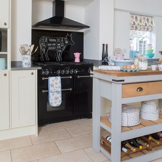 black range cooker in a kitchen with white walls and island