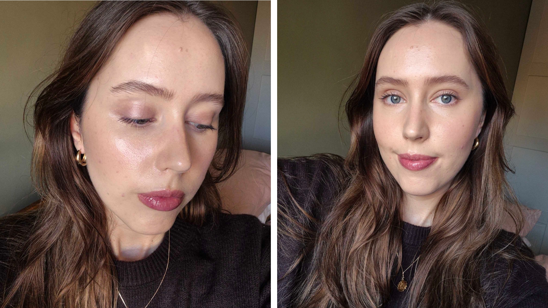 Two close-ups of Digital Beauty Writer, Naomi Jamieson wearing the Merit Winter set on her face, overtop of the Merit Complexion Stick, showing her complexion and eyes from different angles.