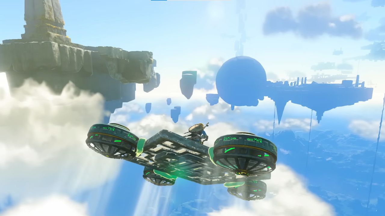 Link riding a flying vehicle through the sky islands
