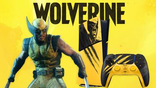 PS5 console Wolverine edition with a DualSense controller and in-game screenshot of Logan on a yellow background