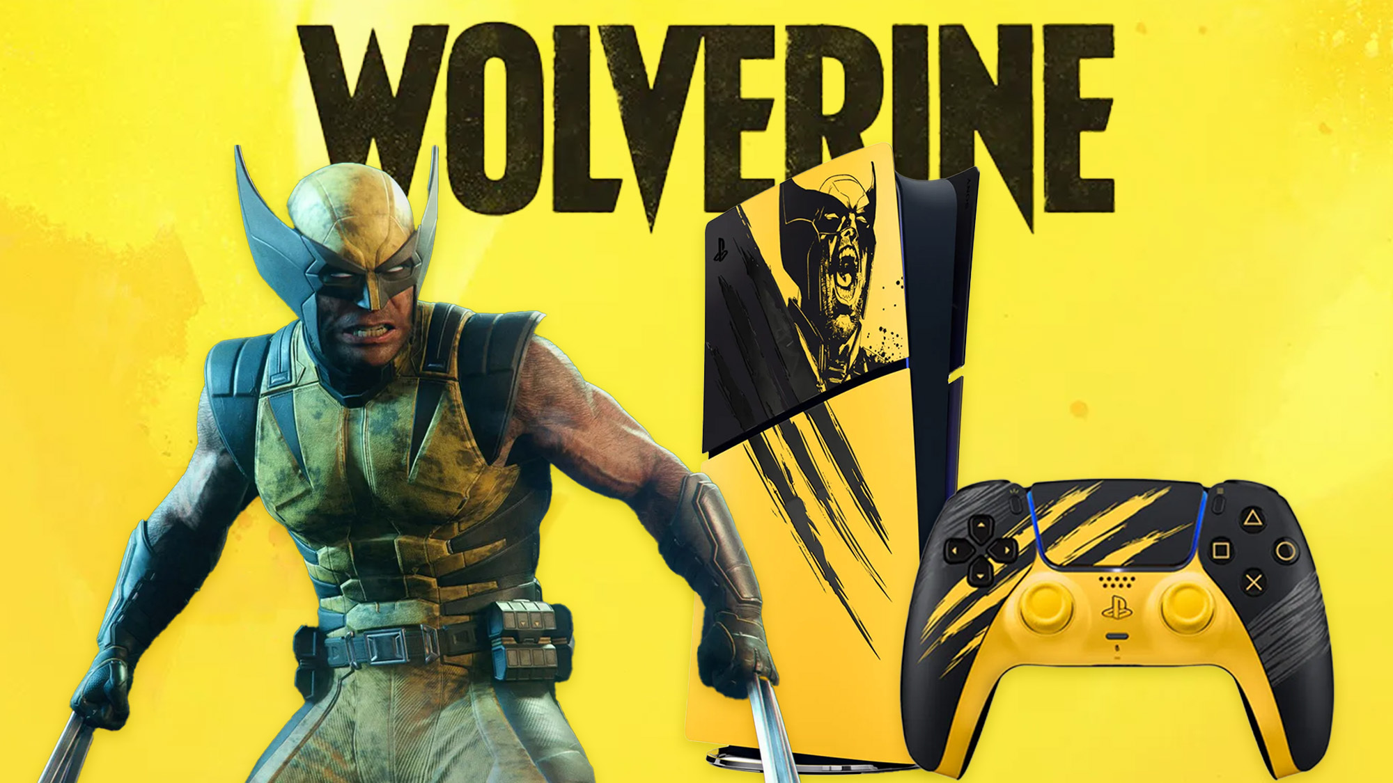 PS5 console Wolverine edition with a DualSense controller and in-game screenshot of Logan on a yellow background