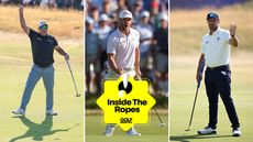 (L to R) Ryan Fox, Wyndham Clark and Bryson DeChambeau with the Inside The Ropes sticker bottom middle