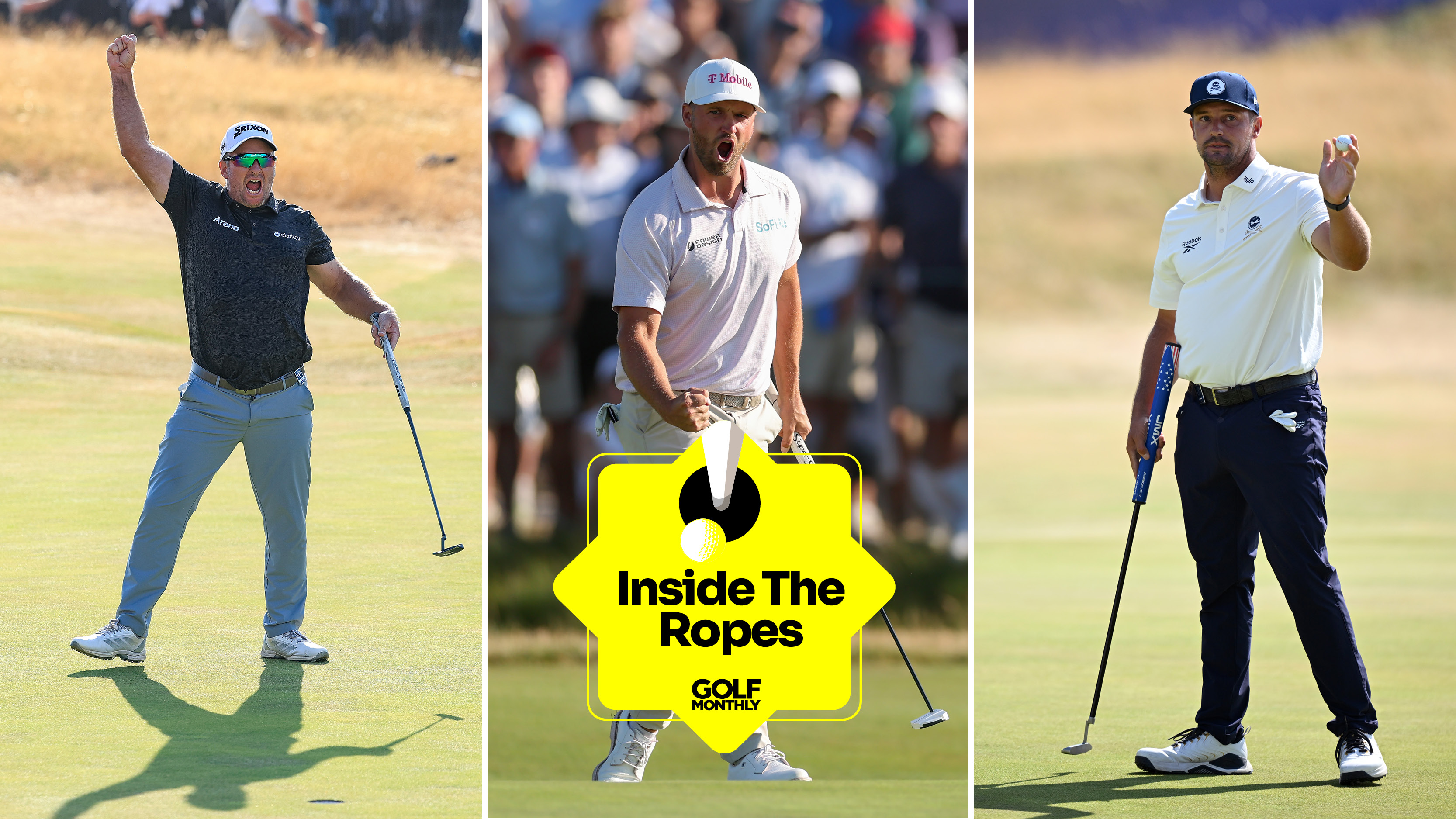 (L to R) Ryan Fox, Wyndham Clark and Bryson DeChambeau with the Inside The Ropes sticker bottom middle