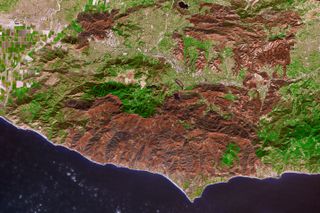 An image of the burn scar in Southern California left by the Woolsey Fire in November 2018, as seen by NASA's Terra satellite.