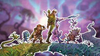 A group of fantastical creatures crossing a log, with the half-way point transforming them into darker aspects, with a blurred purple environment visible behind them
