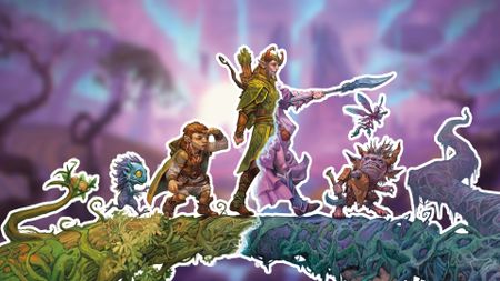 A group of fantastical creatures crossing a log, with the half-way point transforming them into darker aspects, with a blurred purple environment visible behind them