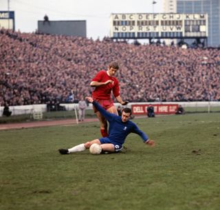 Chelsea’s Ron Harris tackles Liverpool’s Roger Hunt
