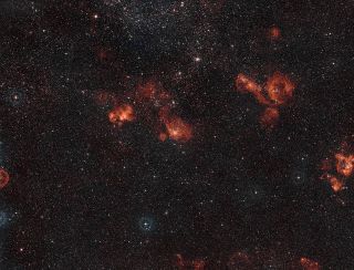 This wide-field view captures an odd couple in the constellation of Dorado (The Swordfish): NGC 2014 and NGC 2020. These two glowing clouds of gas, in the centre of the frame, are located in the Large Magellanic Cloud, one of the Milky Way’s satellite galaxies. Both are sculpted by powerful winds from hot young stars. Image released August 7, 2013.