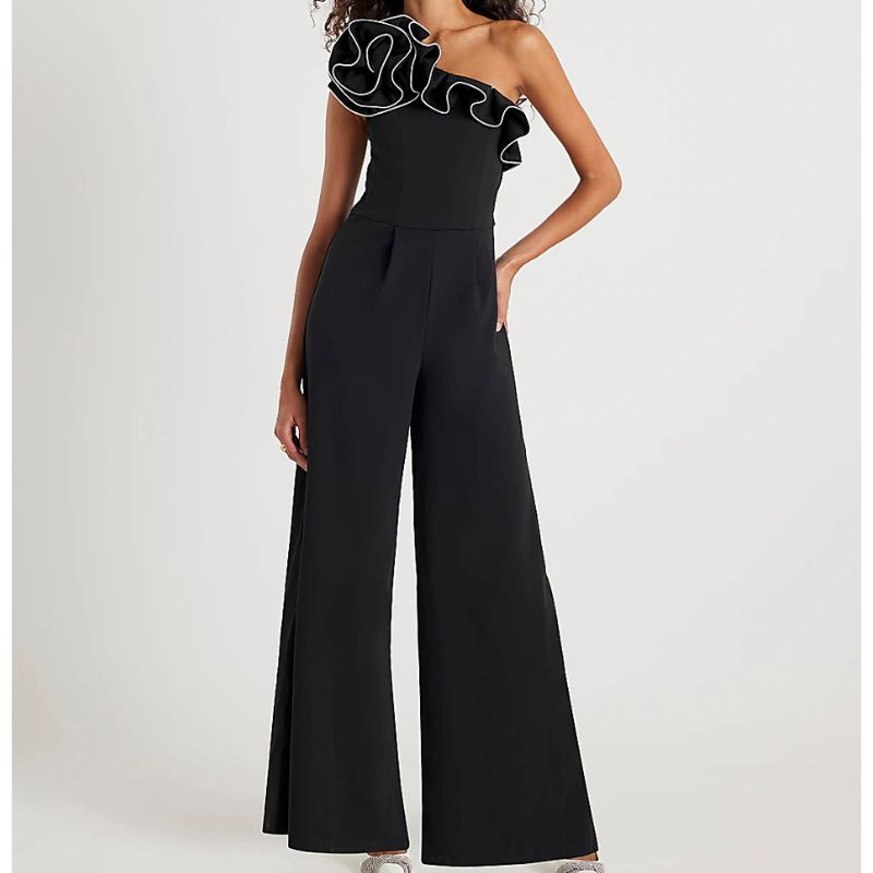 River Island, Black Asymmetric Tipped Frill Jumpsuit