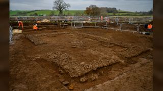 Walls of domestic building uncovered during the excavation of a Roman trading settlement, Blackgrounds