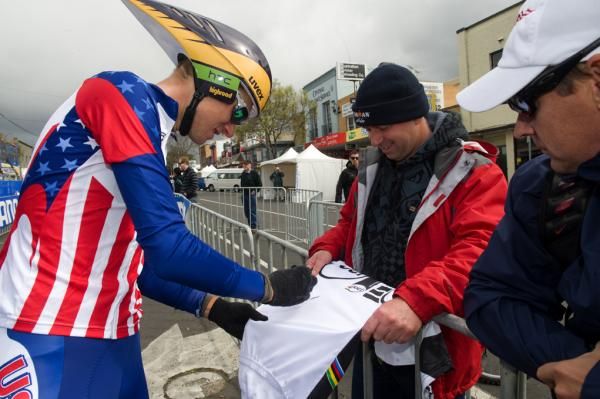Van Garderen signs for a fan