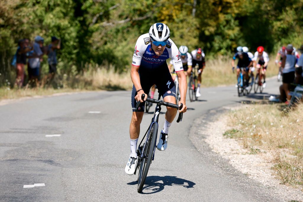 VALREVERMONT FRANCE AUGUST 09 Louis Vervaeke of Belgium and Team QuickStep Alpha Vinyl attacks during the 34th Tour de lAin 2022 Stage 1 a 152km stage from ChtillonSurChalaronne to ValRevermont TDA22 on August 09 2022 in ValRevermont France Photo by Bas CzerwinskiGetty Images