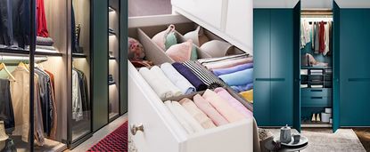 Clothes storage ideas: triptych of hanging space, drawer, and wardrobe