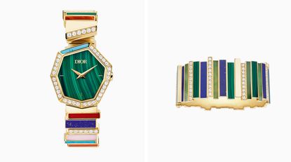 Dior watch and bracelet in gold, malachite and diamonds