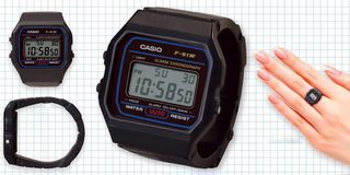 various casio watches and a small casio watch ring on a hand