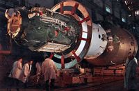 Russia's Saylut 1, the world's first space station, is seen during preparations for its April 19, 1971 launch in this undated photo from the Russian space agency Roscosmos.