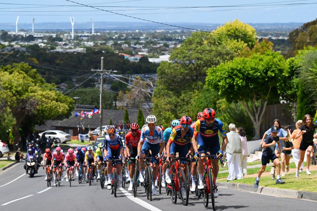 Lidl-Trek&rsquo;s Dario Cataldo leads the peloton climbing Challambra Crescent