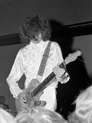 Jimmy Page of Led Zeppelin performs on stage at the band's first live show, billed as The New Yardbirds, at Gladsaxe Teen Club, Copenhagen, Denmark, 7th September 1968. He is playing a Fender Telecaster guitar.
