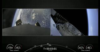 This split screen view shows stunning images of Earth from space from SpaceX's Falcon 9 rocket first stage (left) and its upper stage carrying 53 Starlink internet satellites after a successful launch on April 29, 2022.