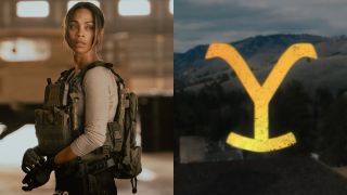 Zoe Saldana in Lioness and the Y Yellowstone logo. 