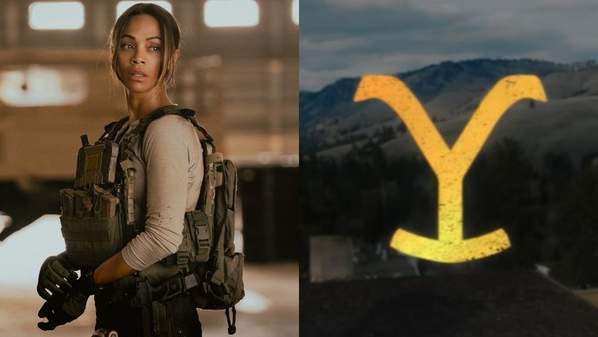 Zoe Saldana in Lioness and the Y Yellowstone logo. 