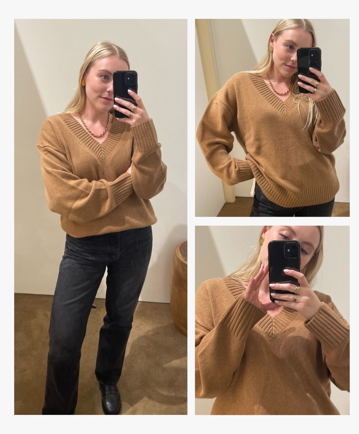 Woman wears camel v-neck cashmere jumper, black jeans and black loafers