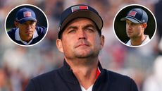 Main image of Keegan Bradley looking on during the morning foursomes session at the 2025 Ryder Cup with inset images of Collin Morikawa (top left) and Harris English (top right)