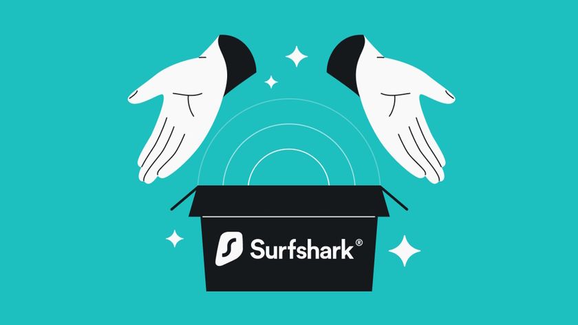 An illustration of two hands presenting an open box with the Surfshark logo on it.